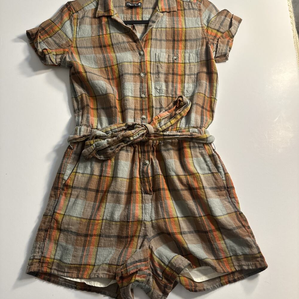 Toad & Co Camp Cove Romper Womens Sz Xs Brown Plaid Button Front Organic Cotton
